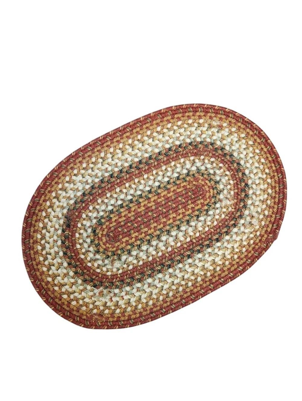 2 Vintage Oval Braided Rugs 19x13 Farmhouse Orange Green Placemats Cottagecore